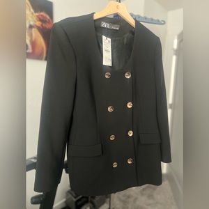 ZARA ROUND NECK BLAZER - SIZE LARGE - BLACK - GOLD BUTTONS - NEW WITH TAGS